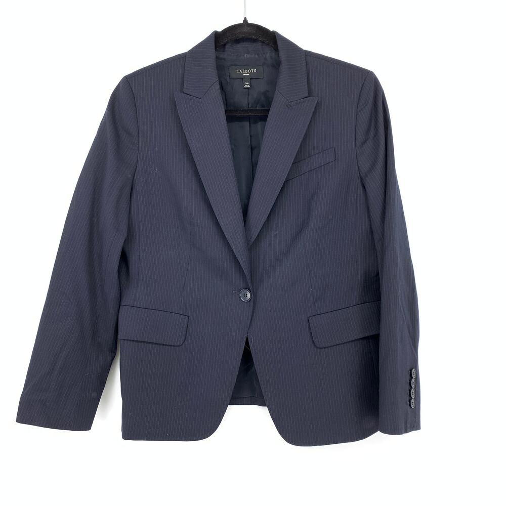 Talbots Single Button Suit Blazer Jacket Womens Size 14P Navy Blue Pinstripe